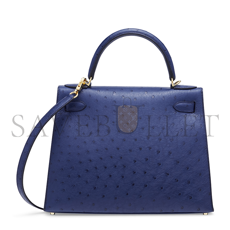 HERMÈS MASTER OSTRICH SELLIER KELLY 28 IRIS BLUE WITH GOLD HARDWARE (28*22*10cm)